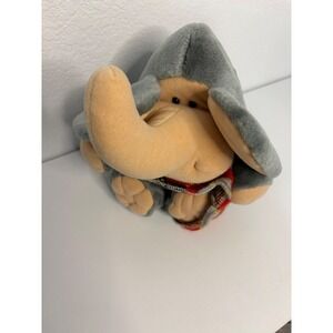 Vintage Grey Elephant Plush Toy with Hood and Patterned Vest Stuffed Animal